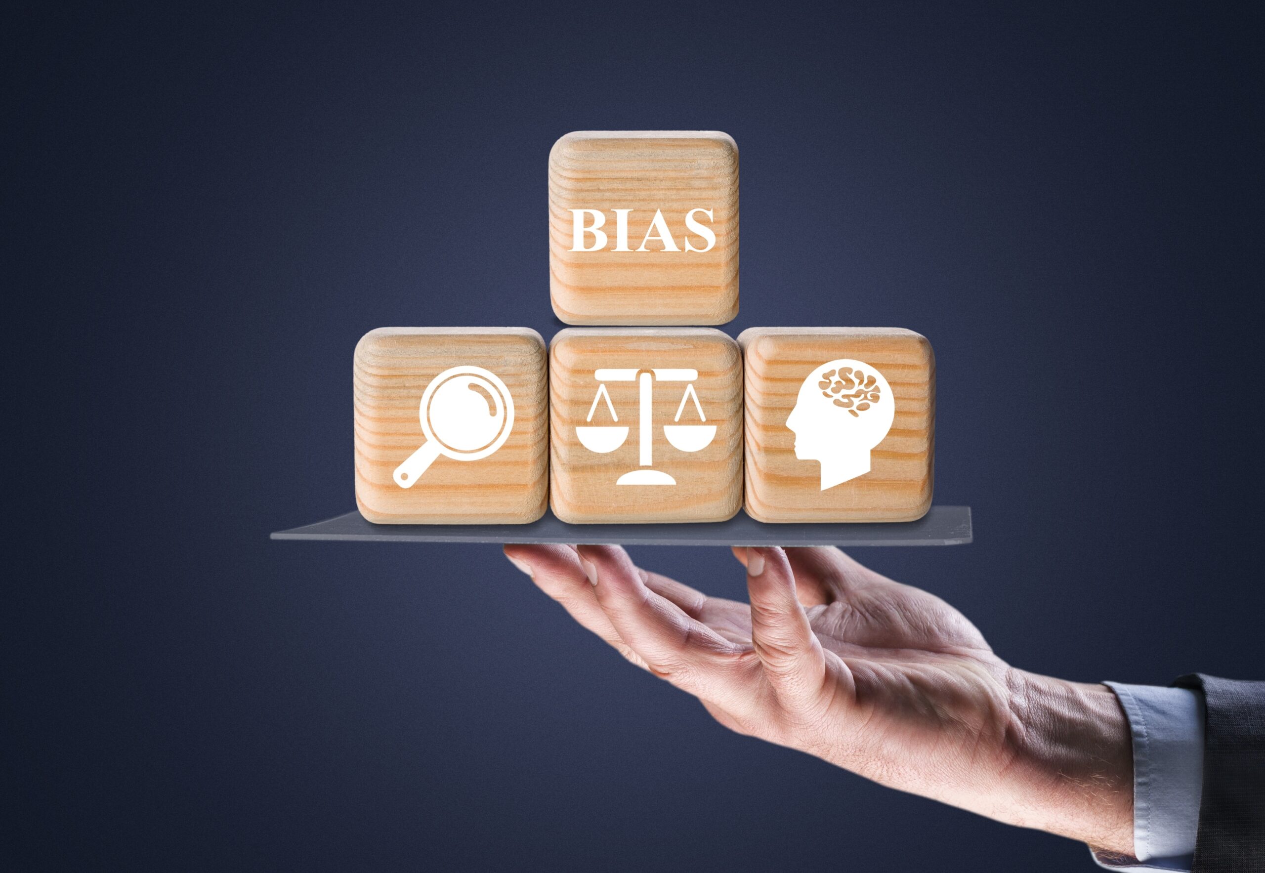 Personal opinions prejudice bias. Concept of facts and biases on wooden desk.