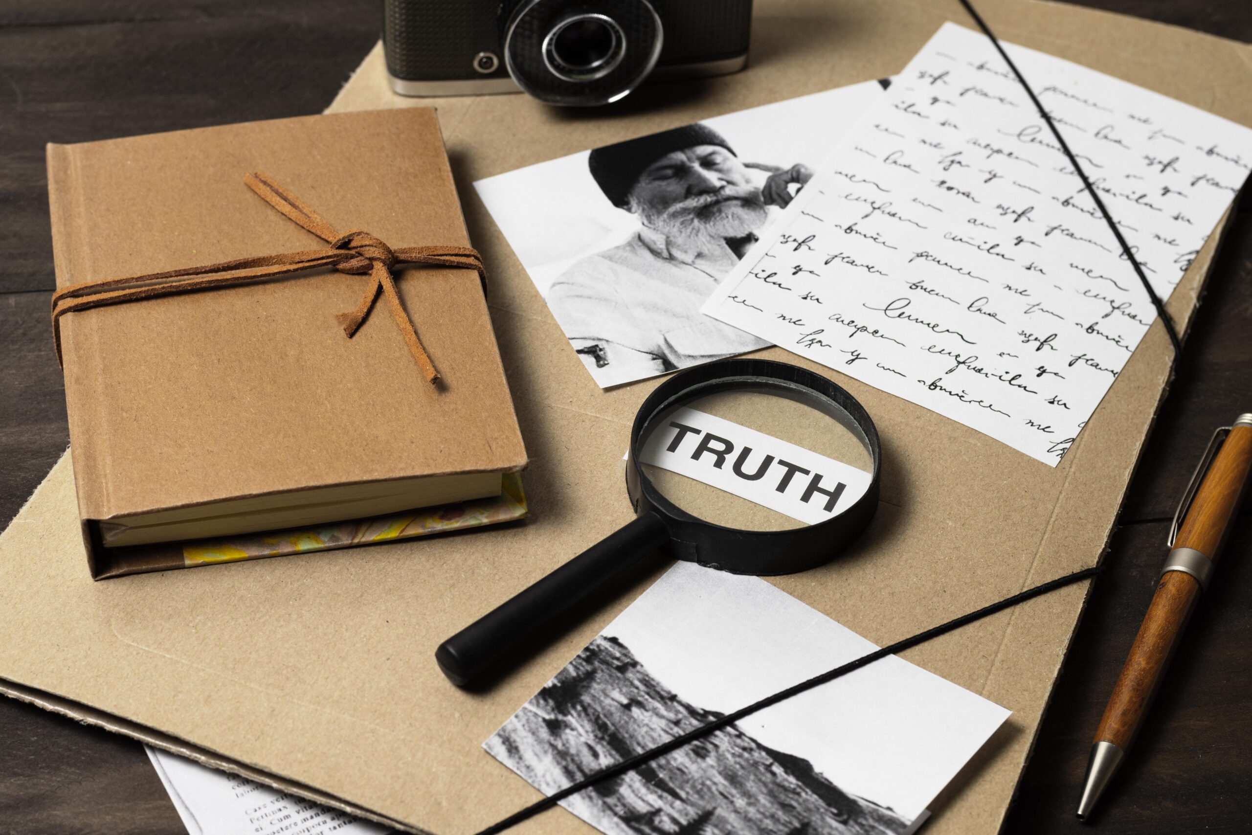 Folder, magnifying glass and evidence titled the truth.