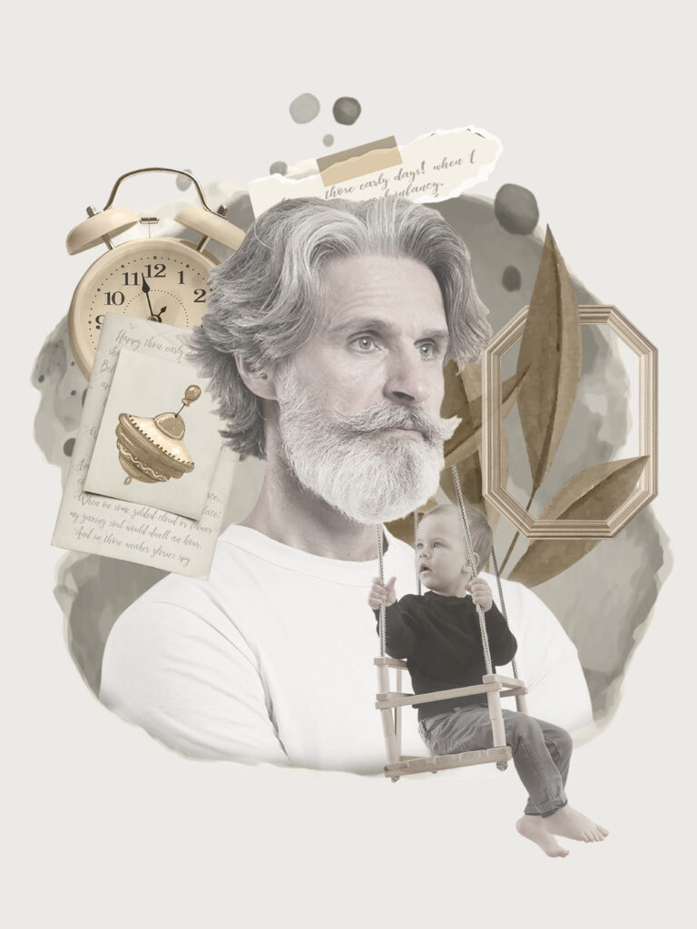 Thoughtful older Muslim, long gray hair, beard, wisdom, reflection. Small child, wooden swing, joy, innocence, warmth, playfulness.