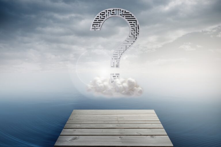 A wooden platform extends over calm waters, beneath a cloudy sky. Above, a large question mark made of maze patterns hovers, symbolizing inquiry and contemplation.